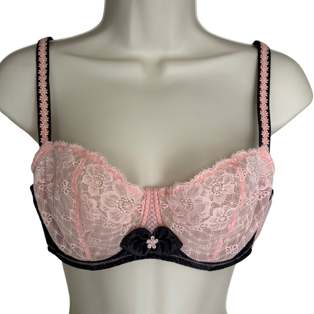 VTG Aubade Paris Satin & Lace Bra | Pink/Black Floral French Lingerie 34E (US)